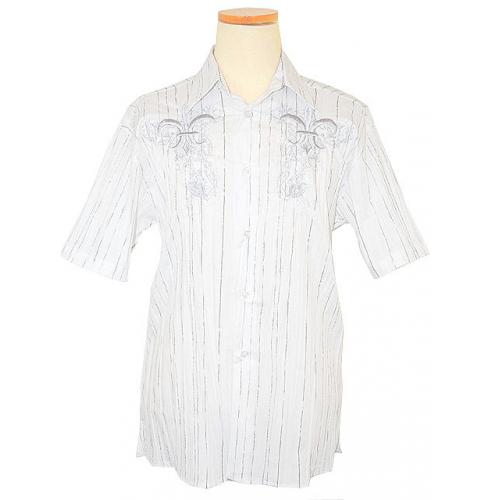 Pronti Crinkled White/Grey Stripes And Silver Embroidered Design Shirt S1532